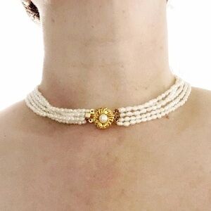 Vintage Rice Pearls Five Strand Choker Necklace